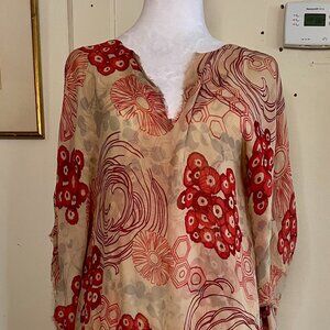 Jill Stuart Frayed Silk Dress Red Mauve and Pink Floral Y2K